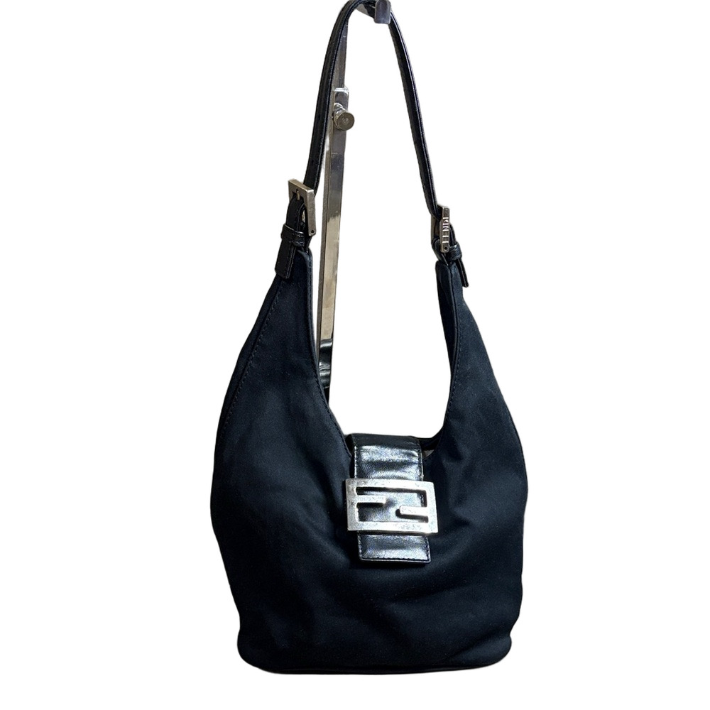 Vintage FENDI Black Linen Hobo Bag FF Hardware Authenticated